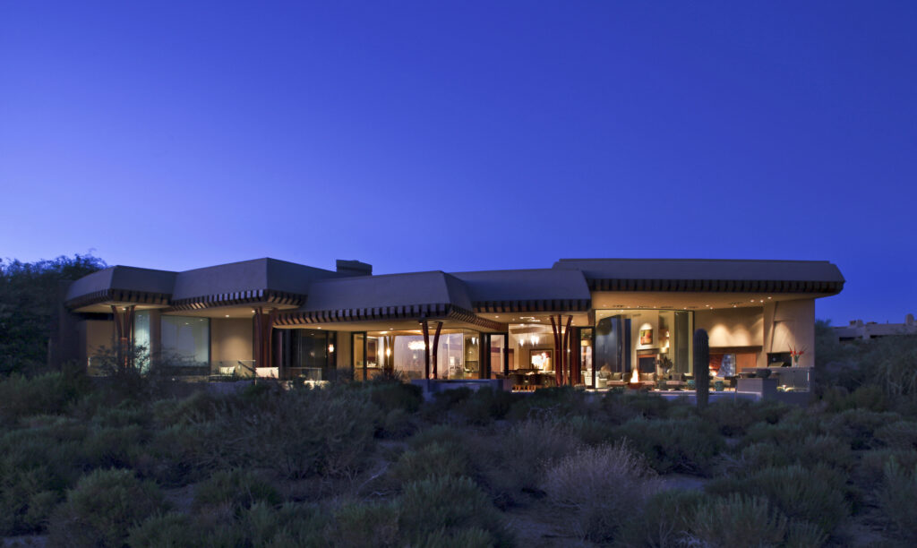 The Phil Nichols Company | Contemporary Southwest | Evening Exterior with Lights